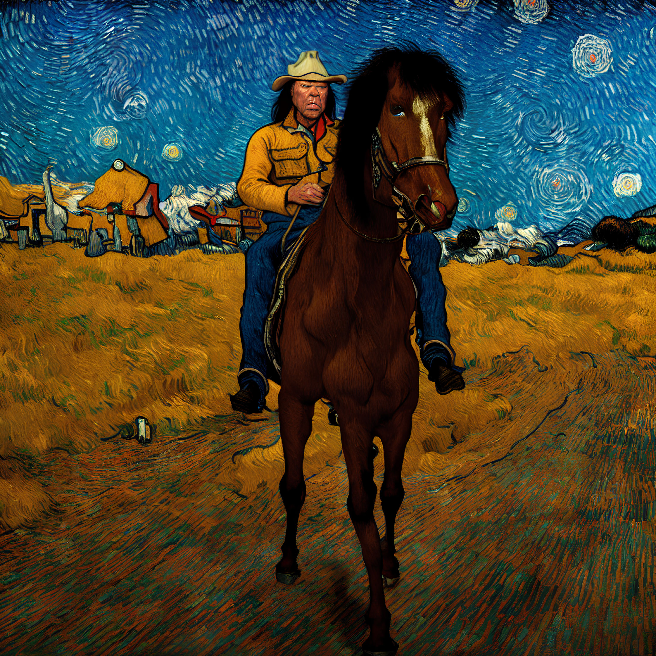 Cowboy on Horse in Van Gogh-style Starry Night Landscape