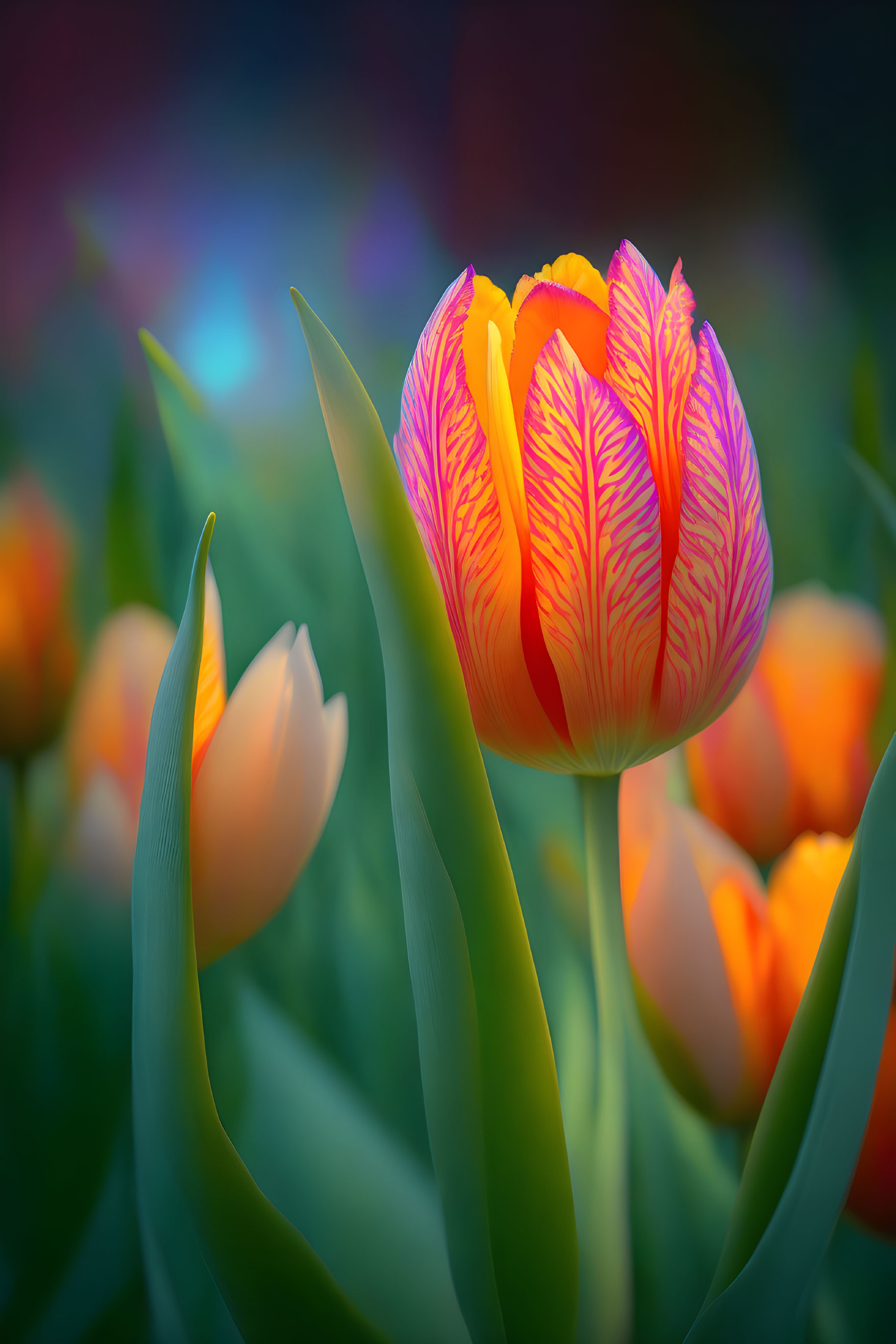 Striped orange and yellow tulip in colorful bokeh setting