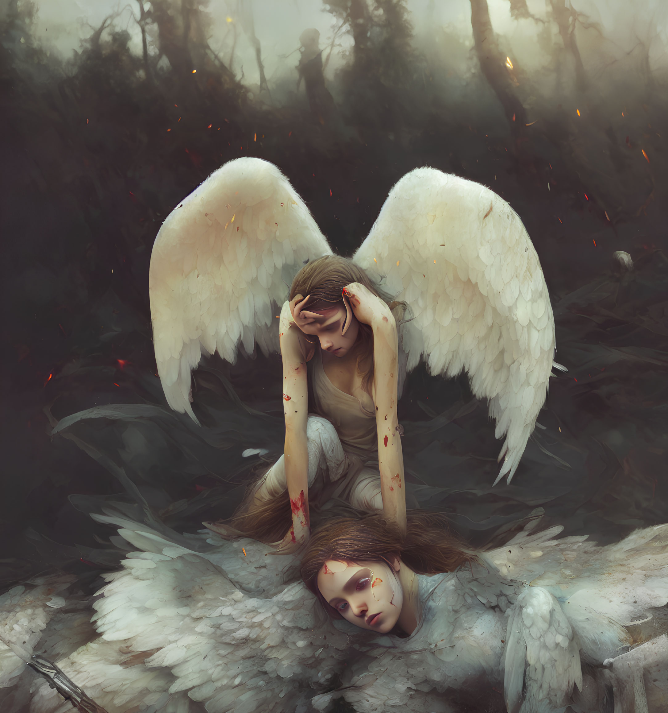 Melancholic angel with bloodstained wings in misty forest scene