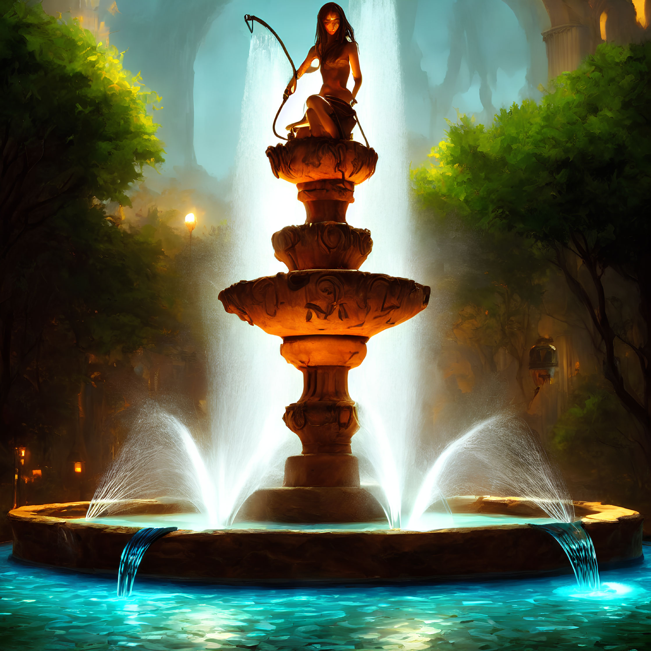 Nighttime scene of mystical fountain with figure and water jets