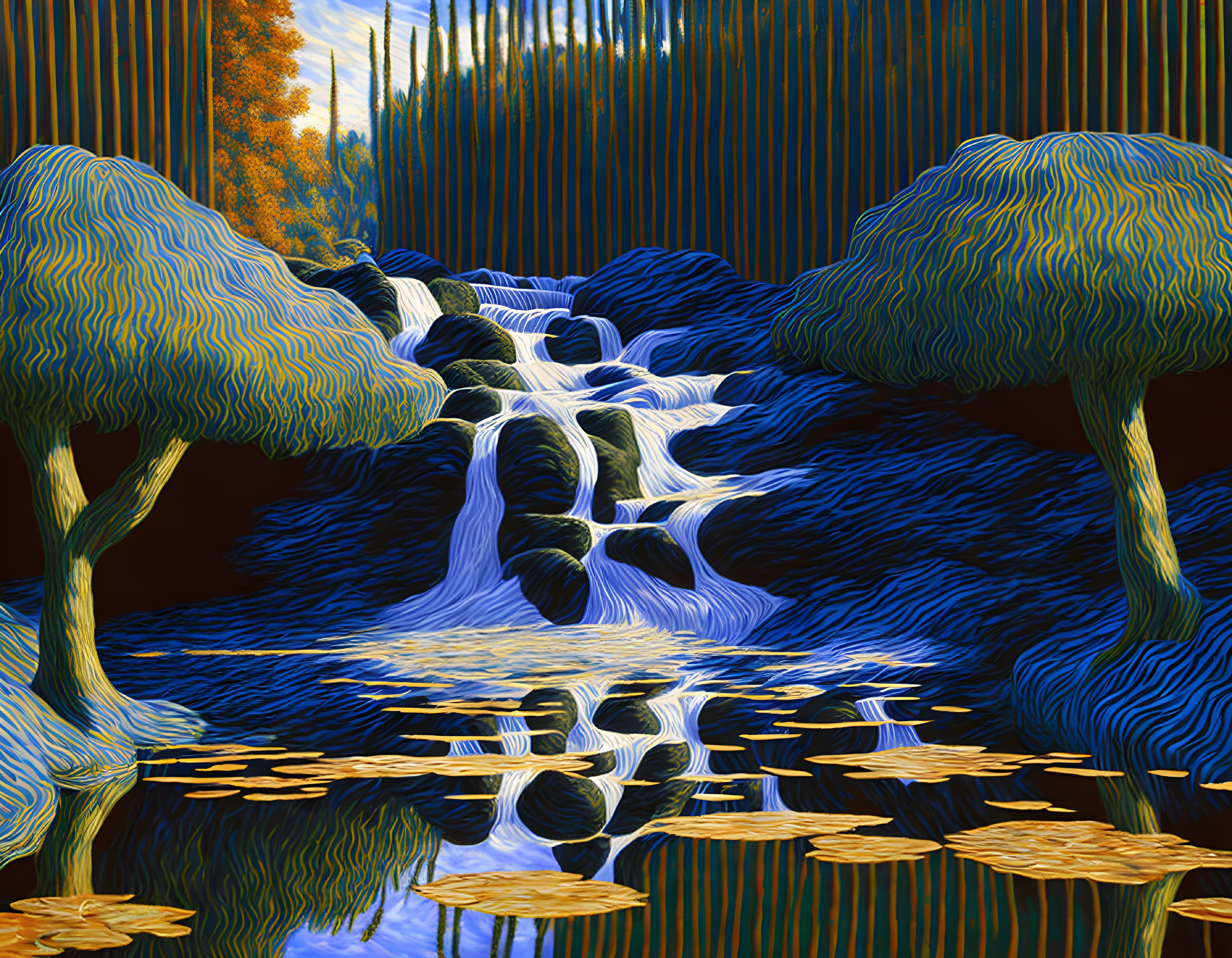Surreal landscape digital painting with waterfall, trees, river, and striped sky