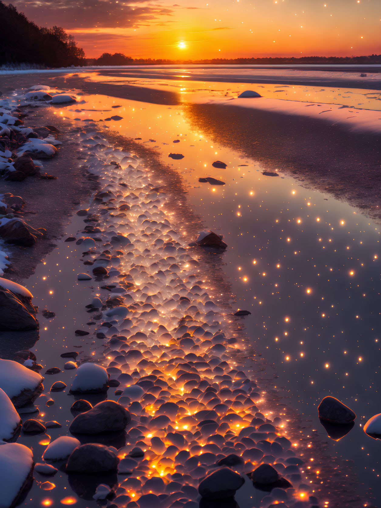 Rocky Beach Sunset with Glittering Water Stream
