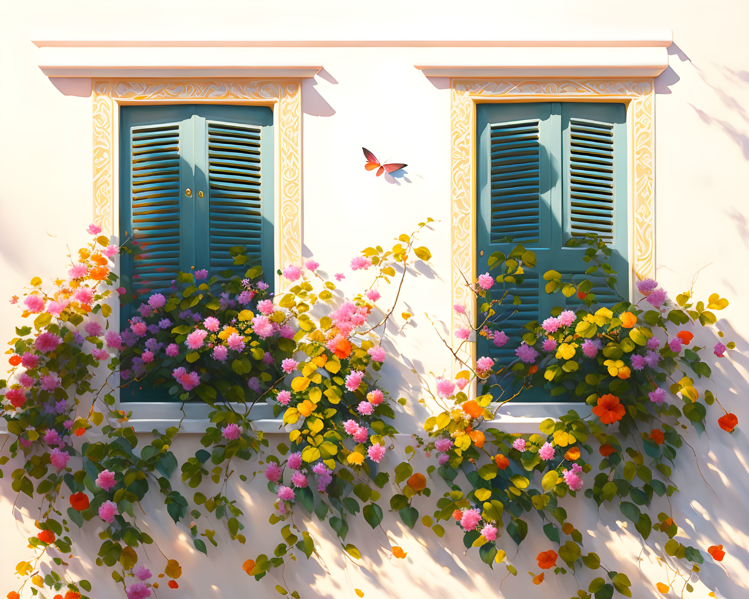 Ornate windows with blue shutters, colorful flowers, and butterfly on white wall