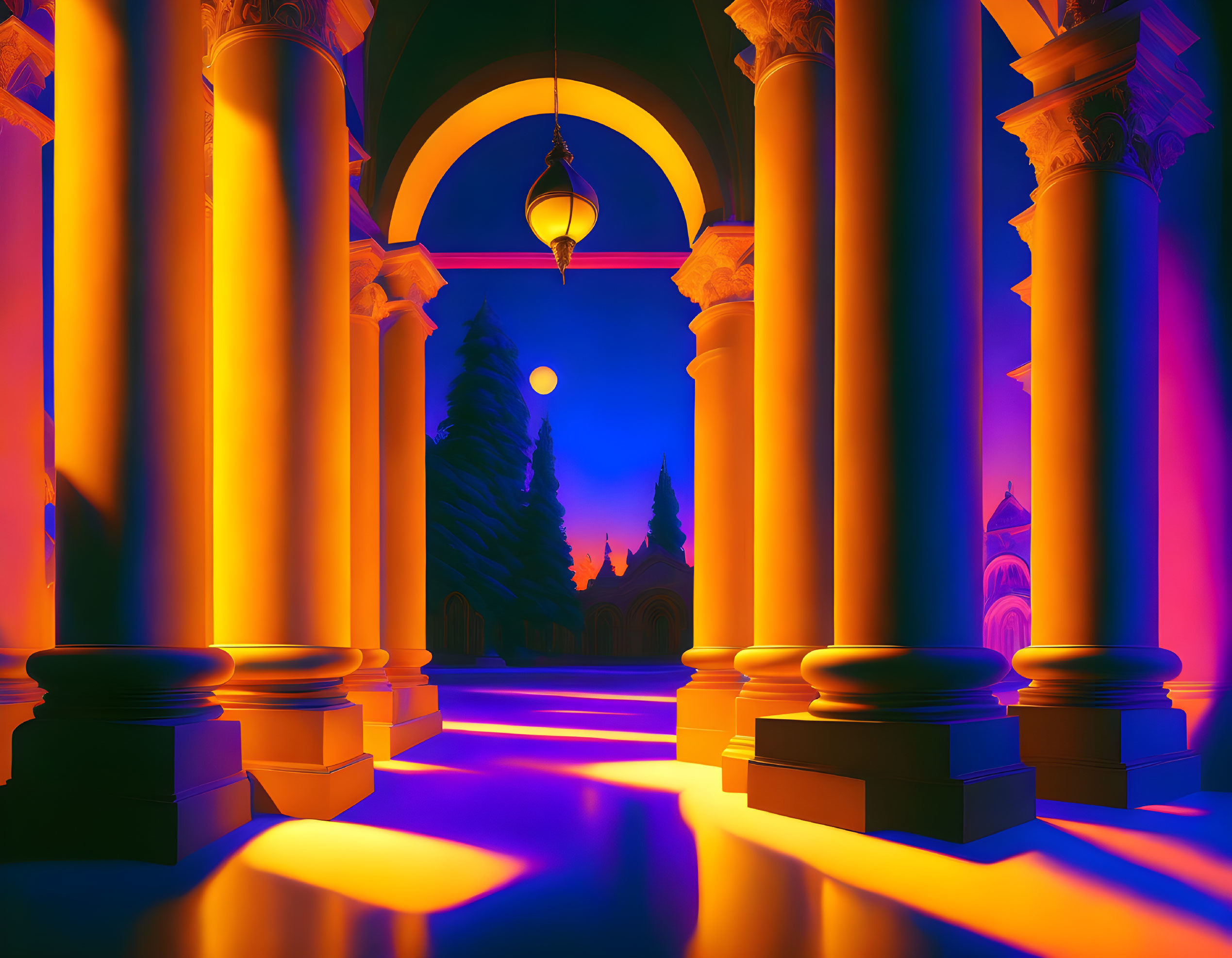 Classical Pillared Hallway in Blue and Orange Glow
