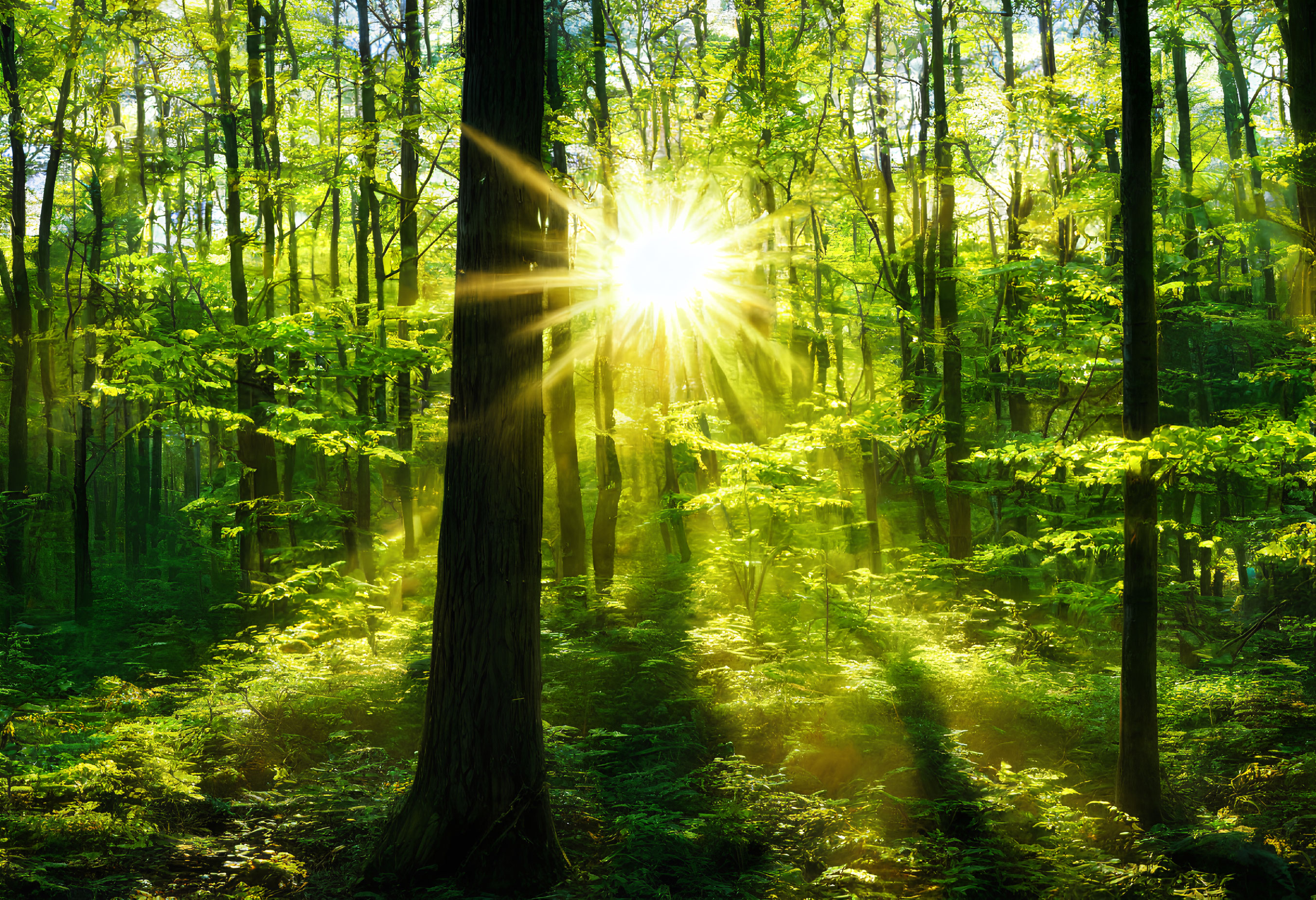 Lush Green Forest Trees Under Sunlight
