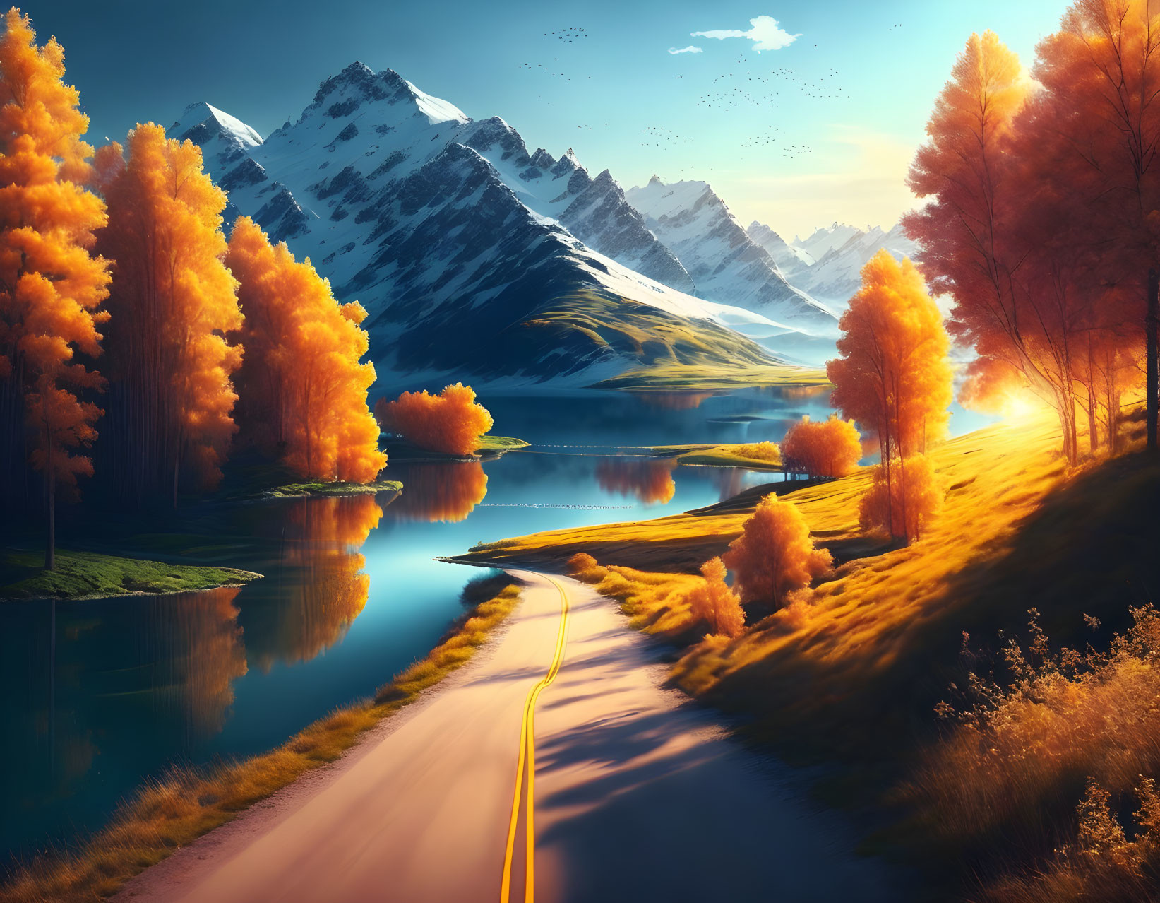 Tranquil Autumn Landscape with Lake, Trees, and Mountains
