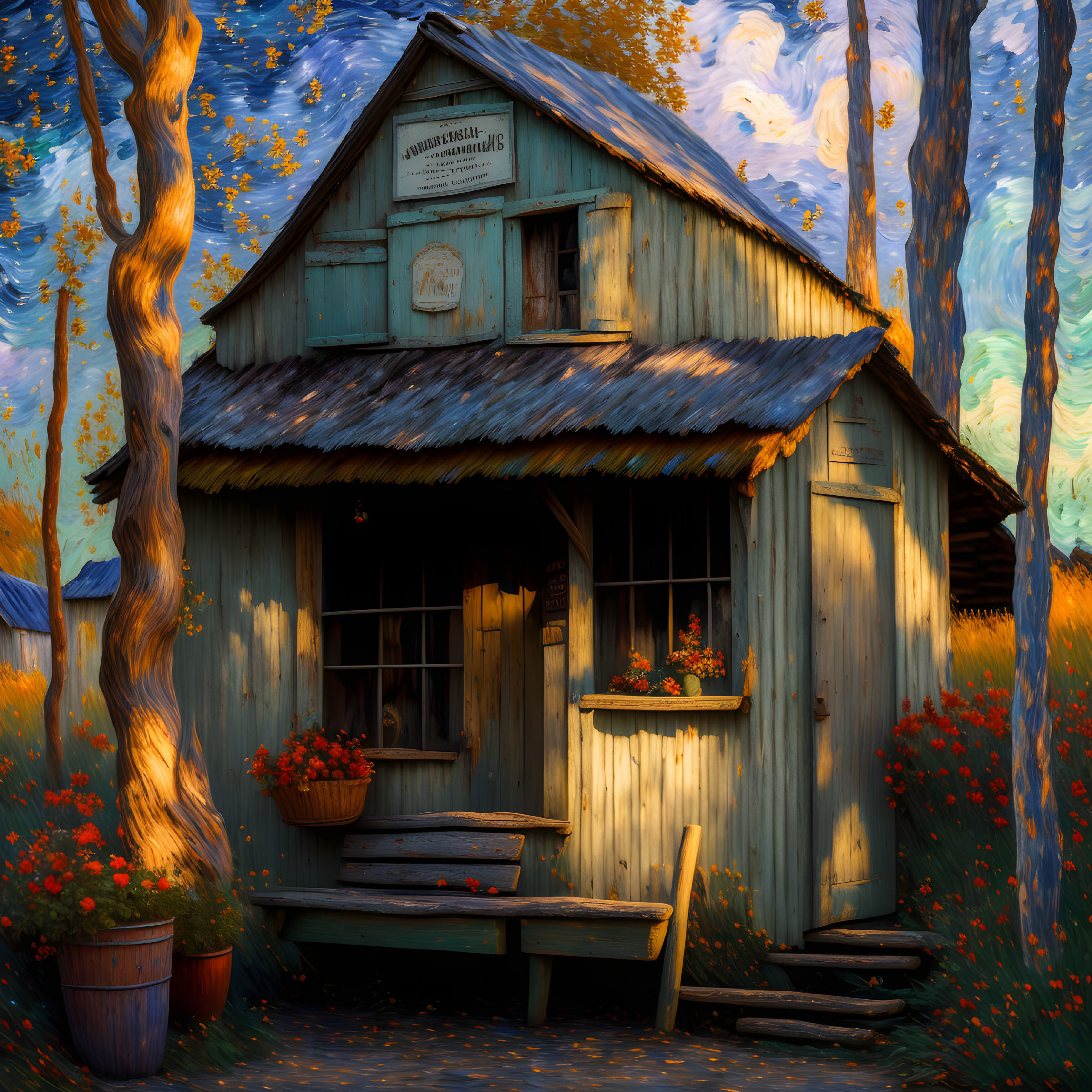 Cozy wooden cottage with autumn trees and flowers