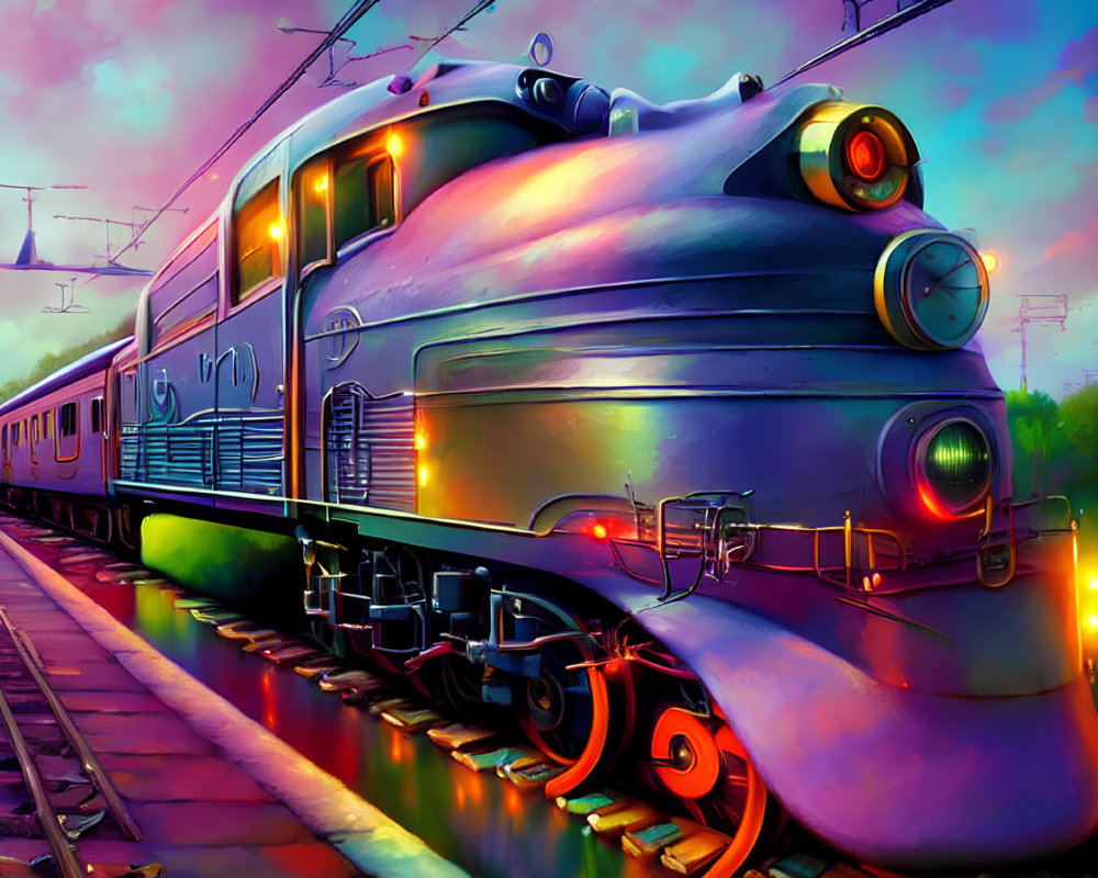Colorful illustration of classic locomotive on train track under dramatic sky