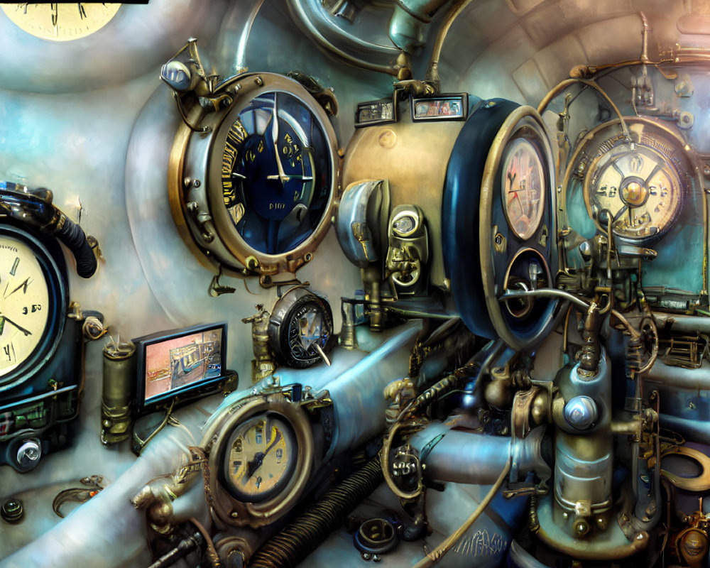 Steampunk-style control panel with gauges, pipes, and mechanical devices