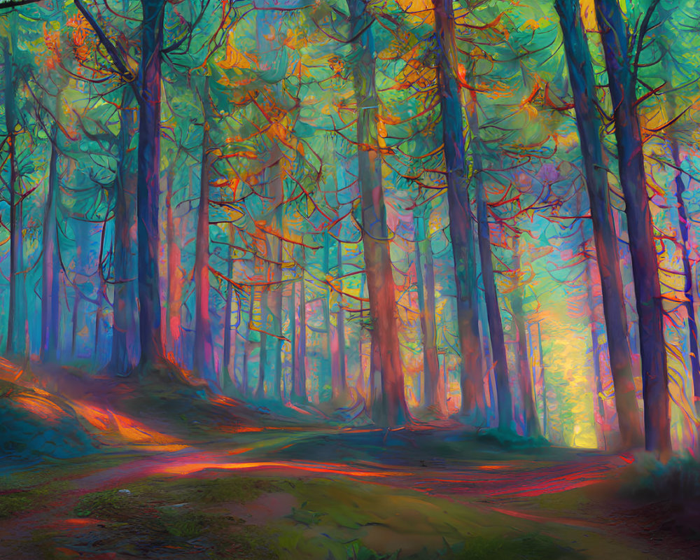 Colorful Forest Scene with Pathway and Vibrant Hues