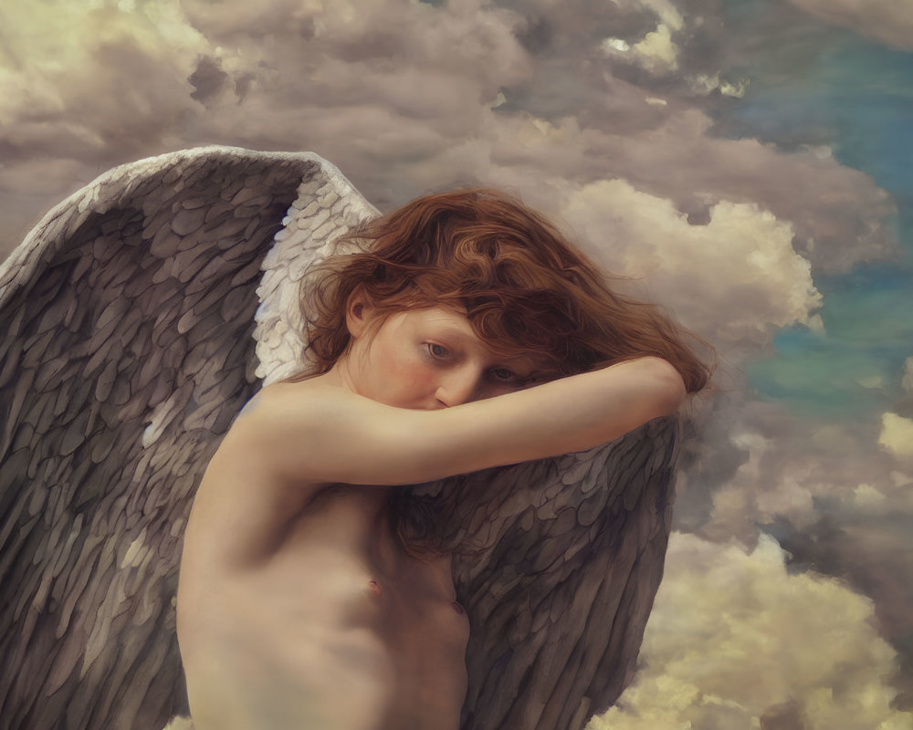 Detailed Wings Figure Contemplating Amidst Clouds