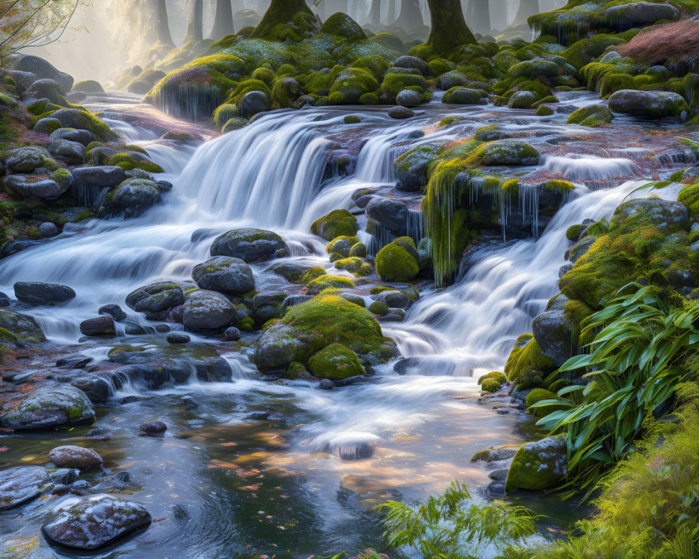 Tranquil forest scene: cascading waterfall over mossy rocks