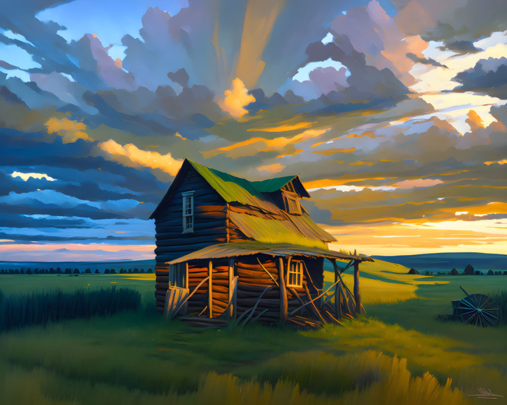 Abandoned wooden house in field at sunset with dramatic sky