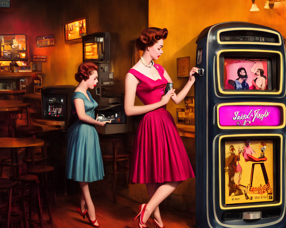 Vintage-attired women choose music from colorful jukebox in retro diner
