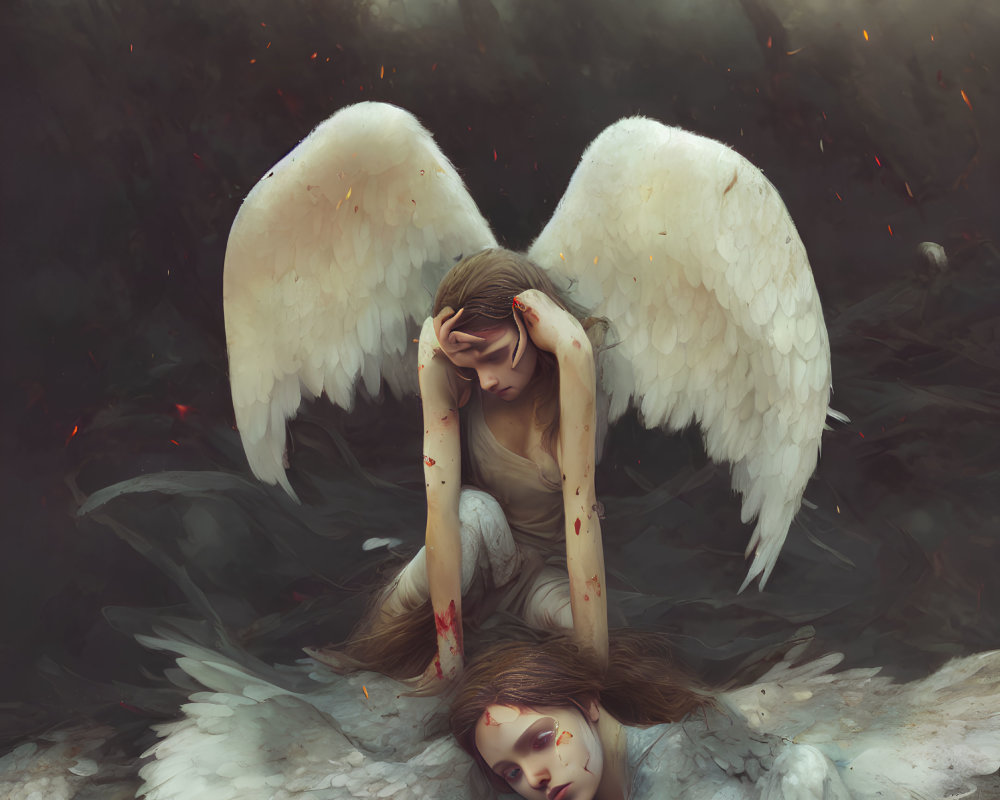 Melancholic angel with bloodstained wings in misty forest scene