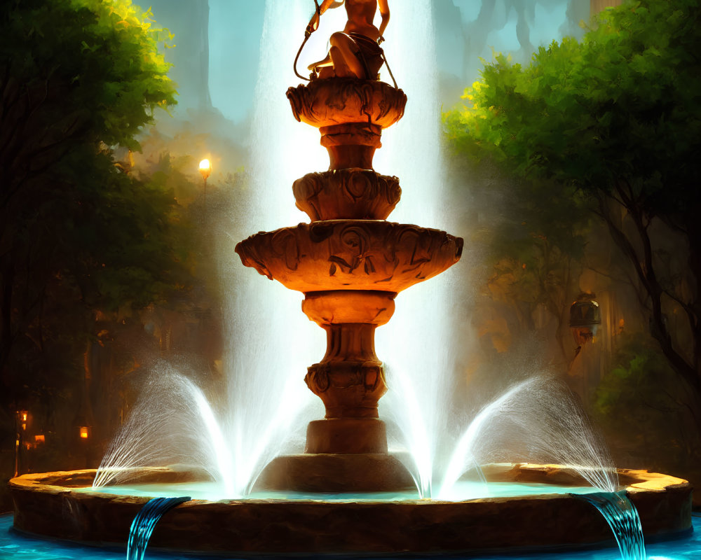 Nighttime scene of mystical fountain with figure and water jets