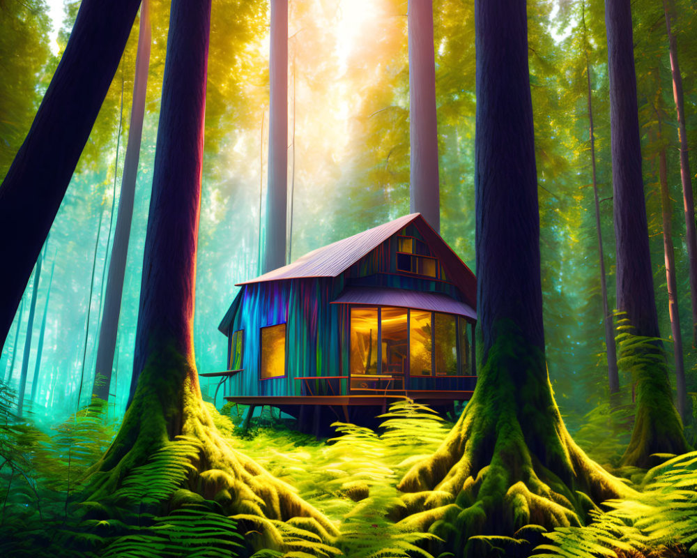 Cozy cabin in lush fern forest with tall trees and sun rays
