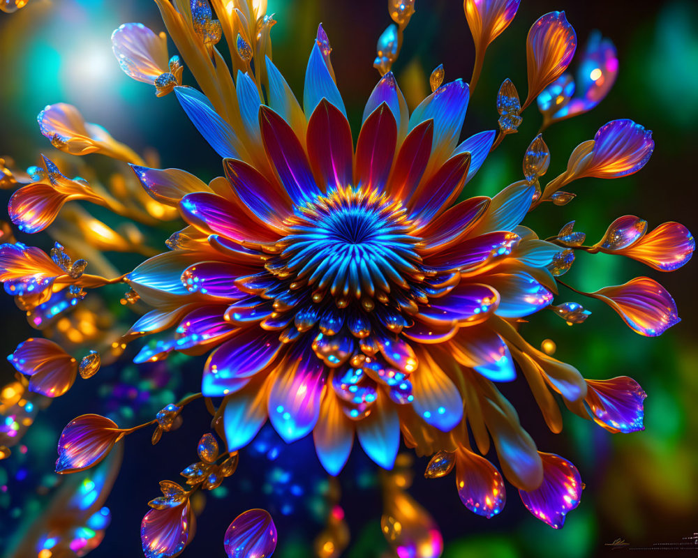 Colorful Digital Artwork: Glowing Flower with Dewdrops
