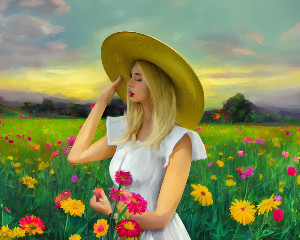 Woman in White Dress and Straw Hat in Vibrant Field of Wildflowers