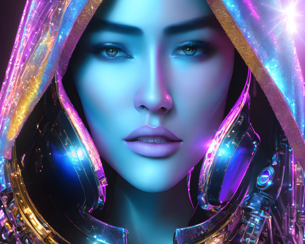 Futuristic Woman in Glowing Blue Skin and Cybernetic Suit against Dark Background