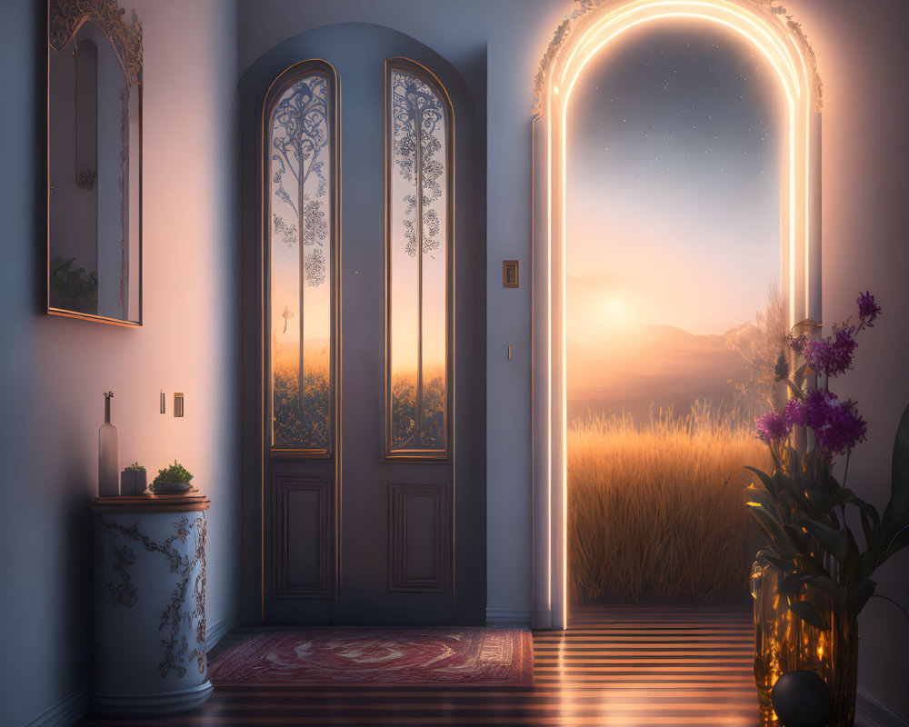 Sunset Room with Archway, Field View, Ornate Doors, Floral Decor, and Starry