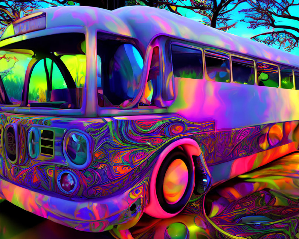 Colorful Psychedelic Bus in Surreal Landscape with Trees and Purple Sky
