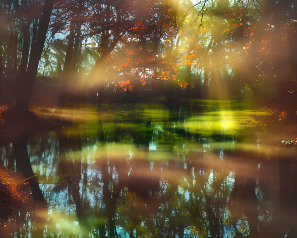 Ethereal autumn forest with golden sunlight, tranquil pond, falling leaves