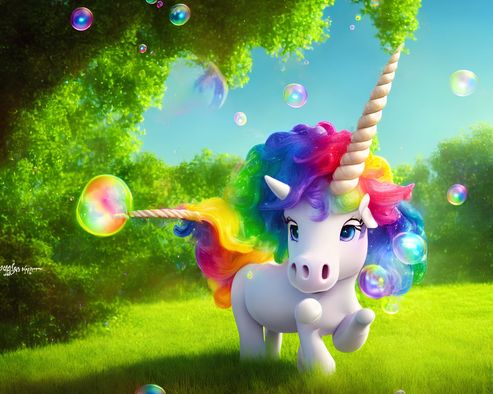 Colorful Cartoon Unicorn with Rainbow Mane in Sunny Meadow surrounded by Soap Bubbles