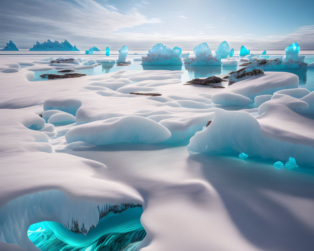 Snow-covered polar landscape with icebergs, glacial ice caves, and glistening sun reflections.