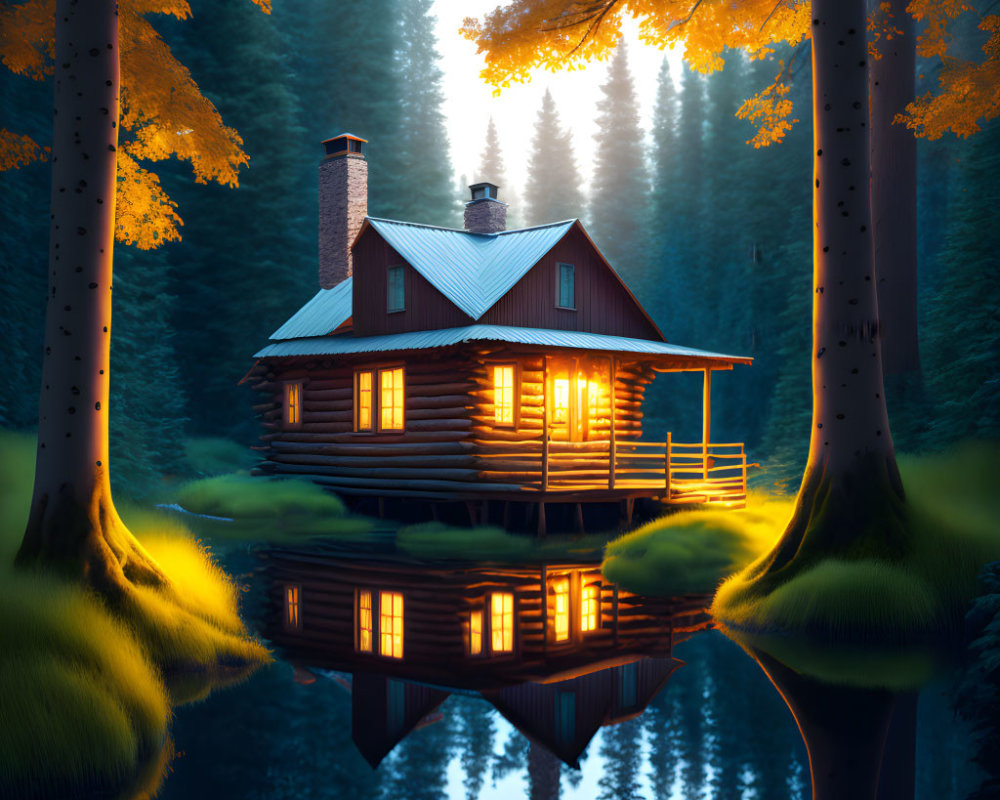 Autumn Twilight Scene: Cozy Cabin Among Glowing Trees