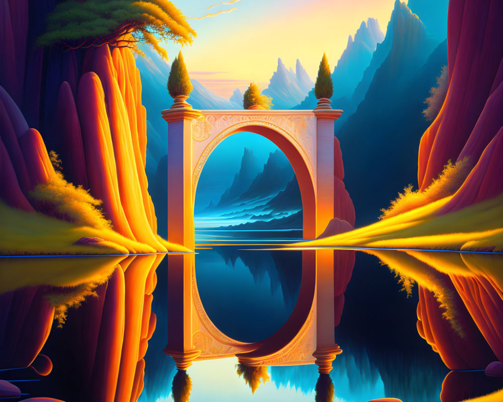 Golden archway reflecting on tranquil lake in fantasy landscape