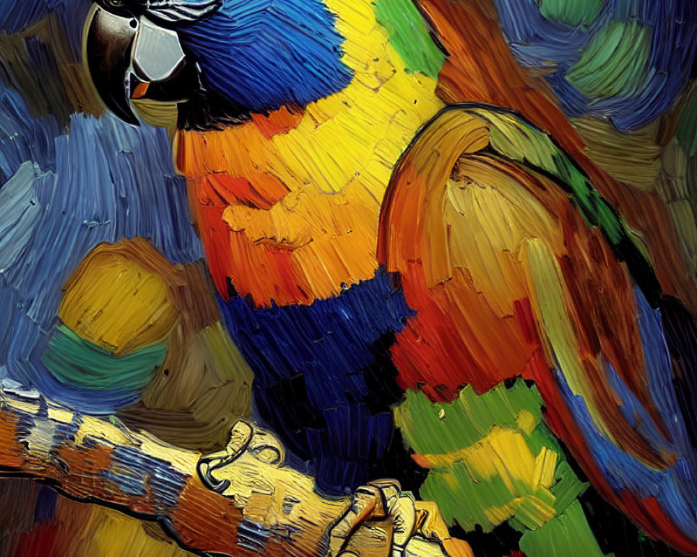 Colorful Parrot Oil Painting with Bold Brushstrokes in Blues, Greens, and Yellows