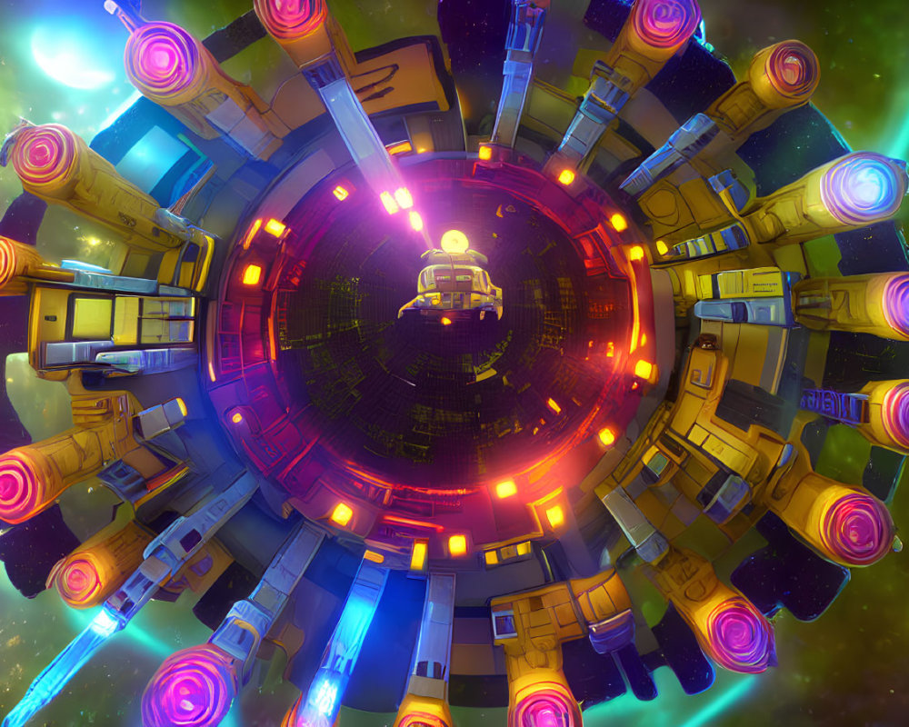 Circular space station with glowing core and neon lights in vibrant sci-fi scene