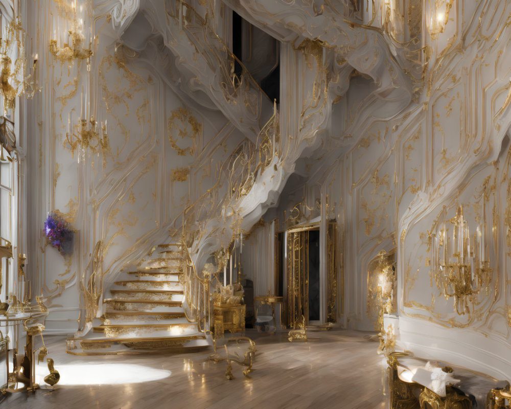 Luxurious Golden-Ornamented Room with Marble Staircase & Crystal Chandeliers