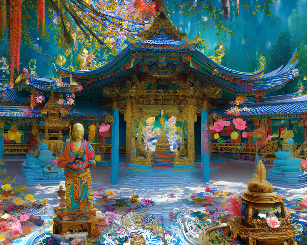 Colorful Scene: Golden Statue, Pavilion, Floral Patterns & Asian Architecture