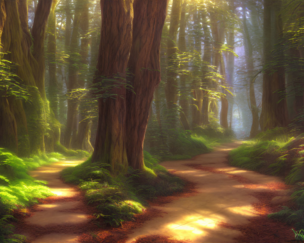Tranquil forest path with sunlight filtering through tall trees