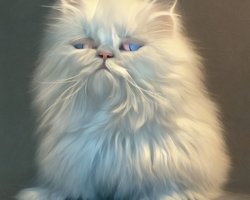 Fluffy White Persian Cat with Blue Eyes and Grumpy Expression