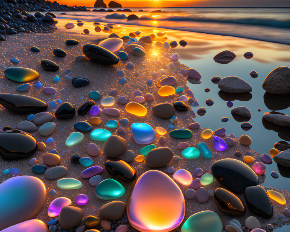 Vibrant Sunset Reflections on Colorful Pebble Beach