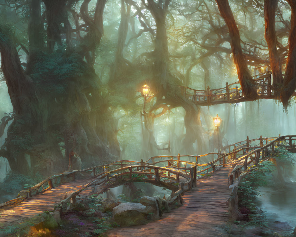 Mystical forest scene with wooden bridge, ancient trees, and glowing lanterns