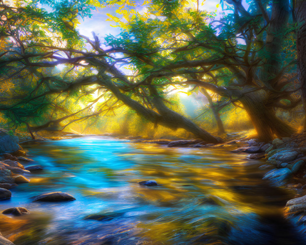 Scenic forest with sunlight on rocky stream