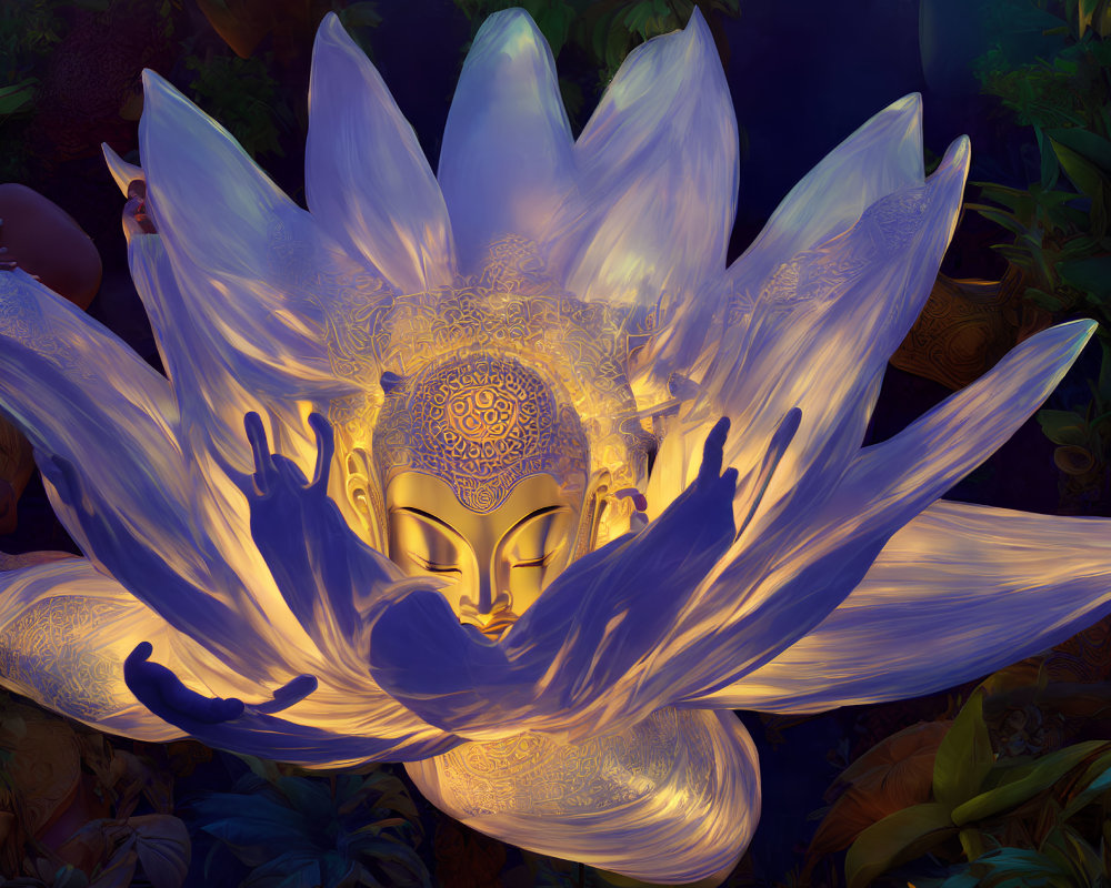 Buddha figure in lotus surrounded by lush foliage at night