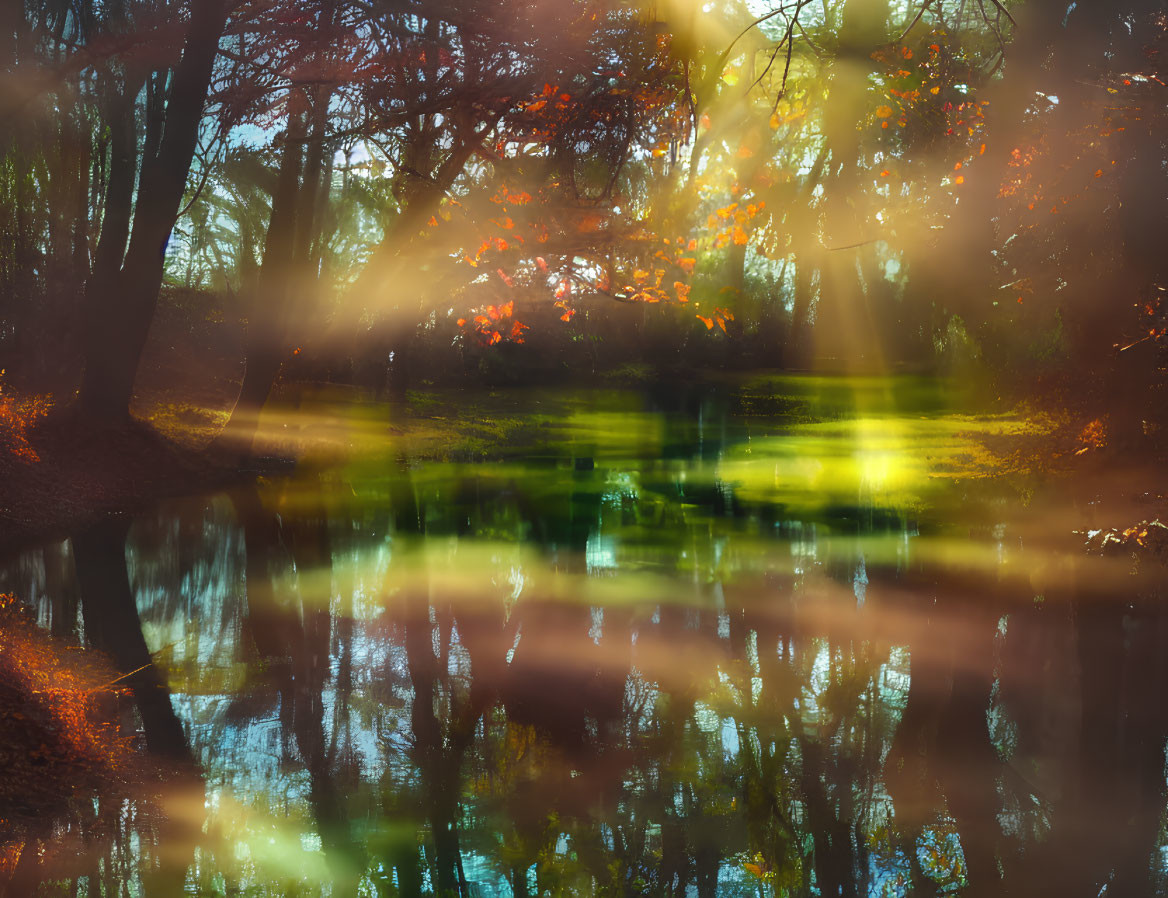 Ethereal autumn forest with golden sunlight, tranquil pond, falling leaves