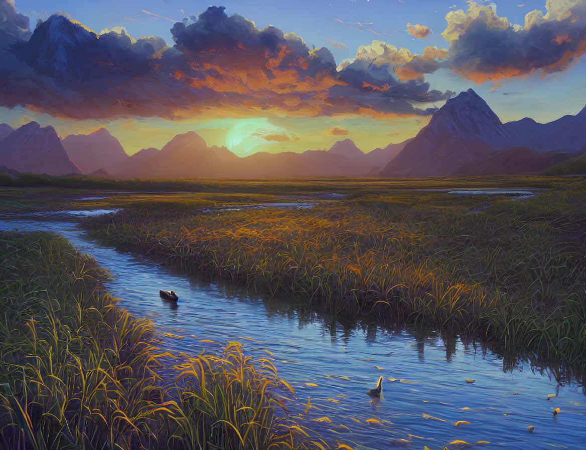 Colorful sunset over mountainous landscape with river and golden grasses