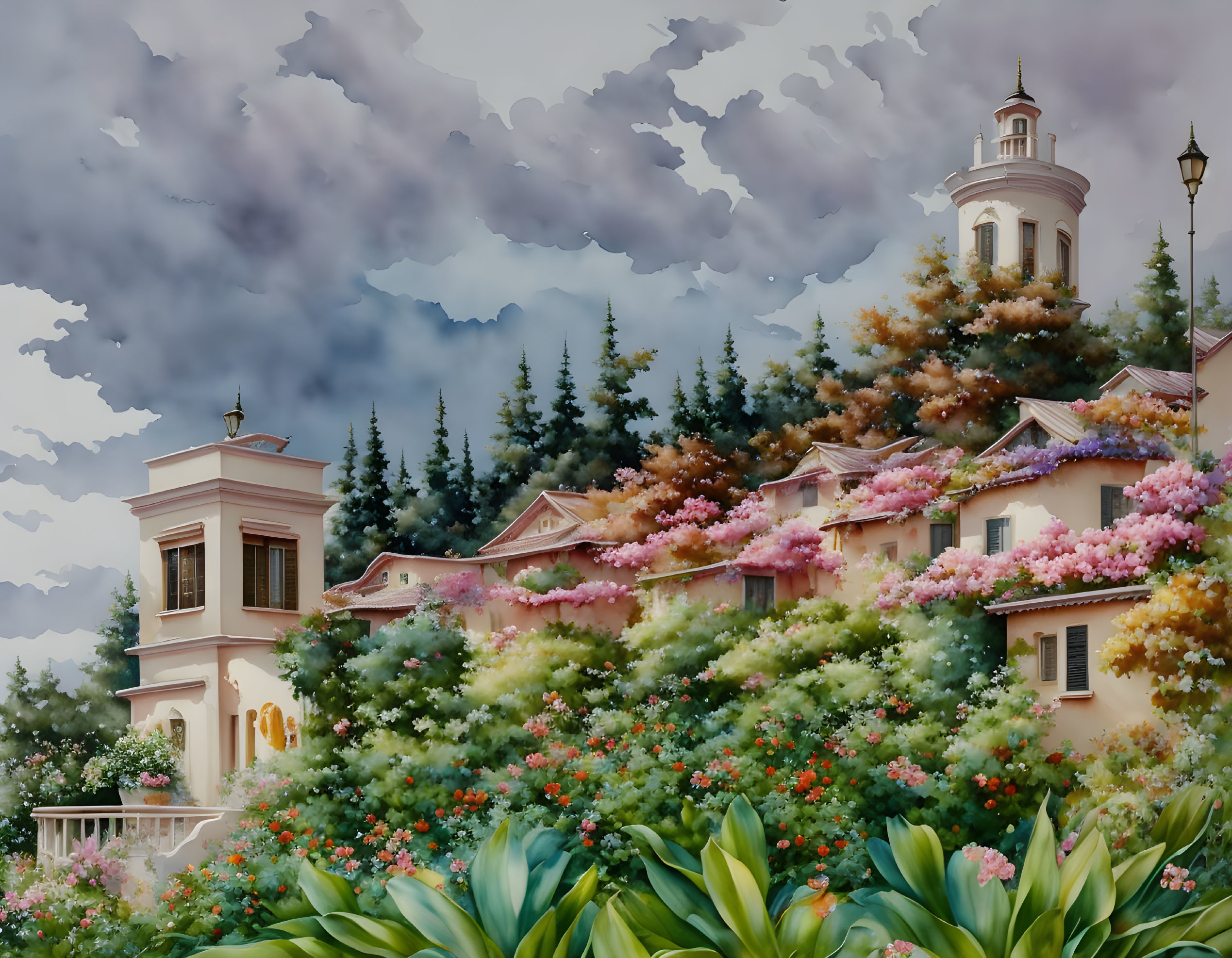 Lush garden painting with blooming flowers and classic buildings under dramatic sky