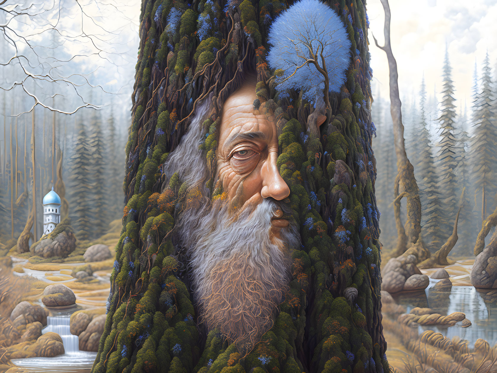 Illustration of wise old man's face merged with tree trunk in serene forest with waterfall and castle.