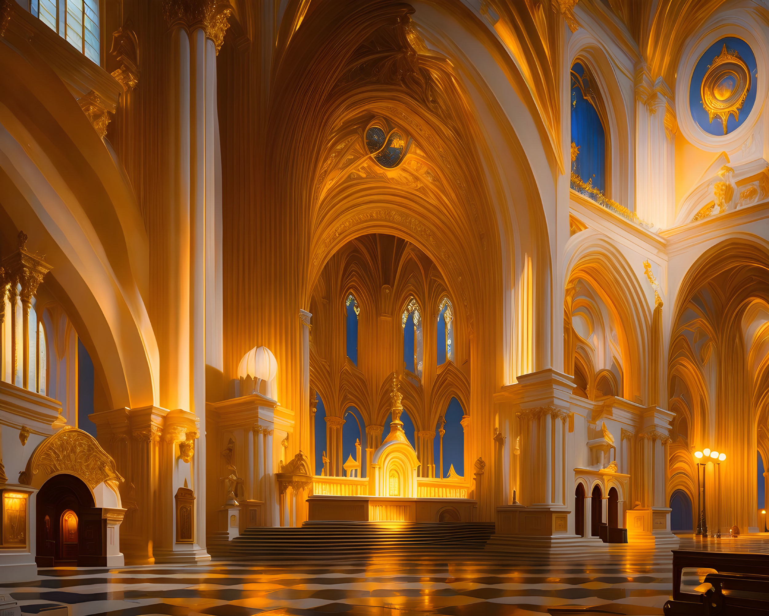 Opulent cathedral interior with soaring arches and intricate gold detailing