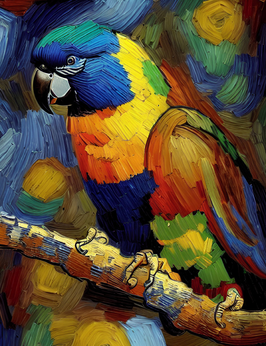 Colorful Parrot Oil Painting with Bold Brushstrokes in Blues, Greens, and Yellows