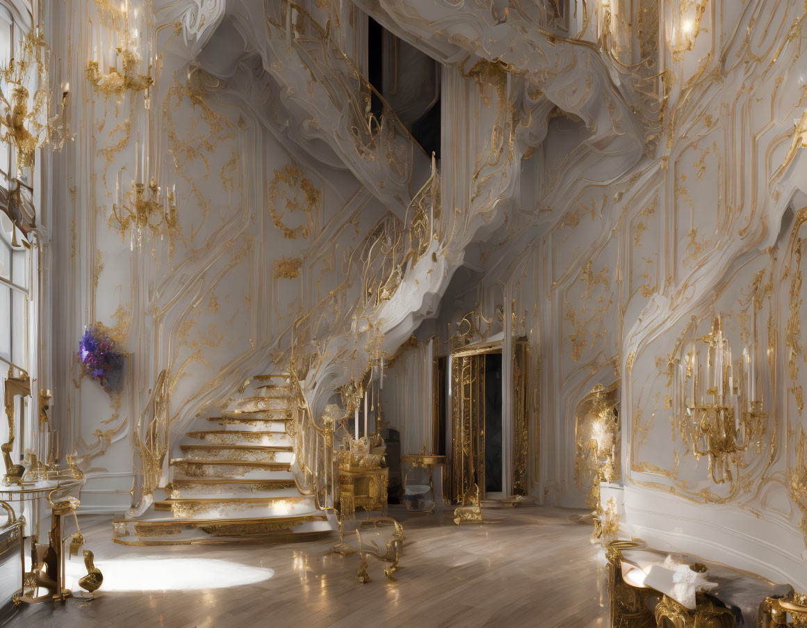 Luxurious Golden-Ornamented Room with Marble Staircase & Crystal Chandeliers