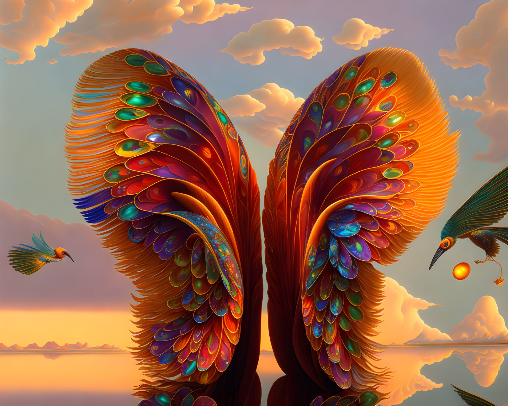 Colorful digital artwork of a stylized peacock in sunset sky with clouds.