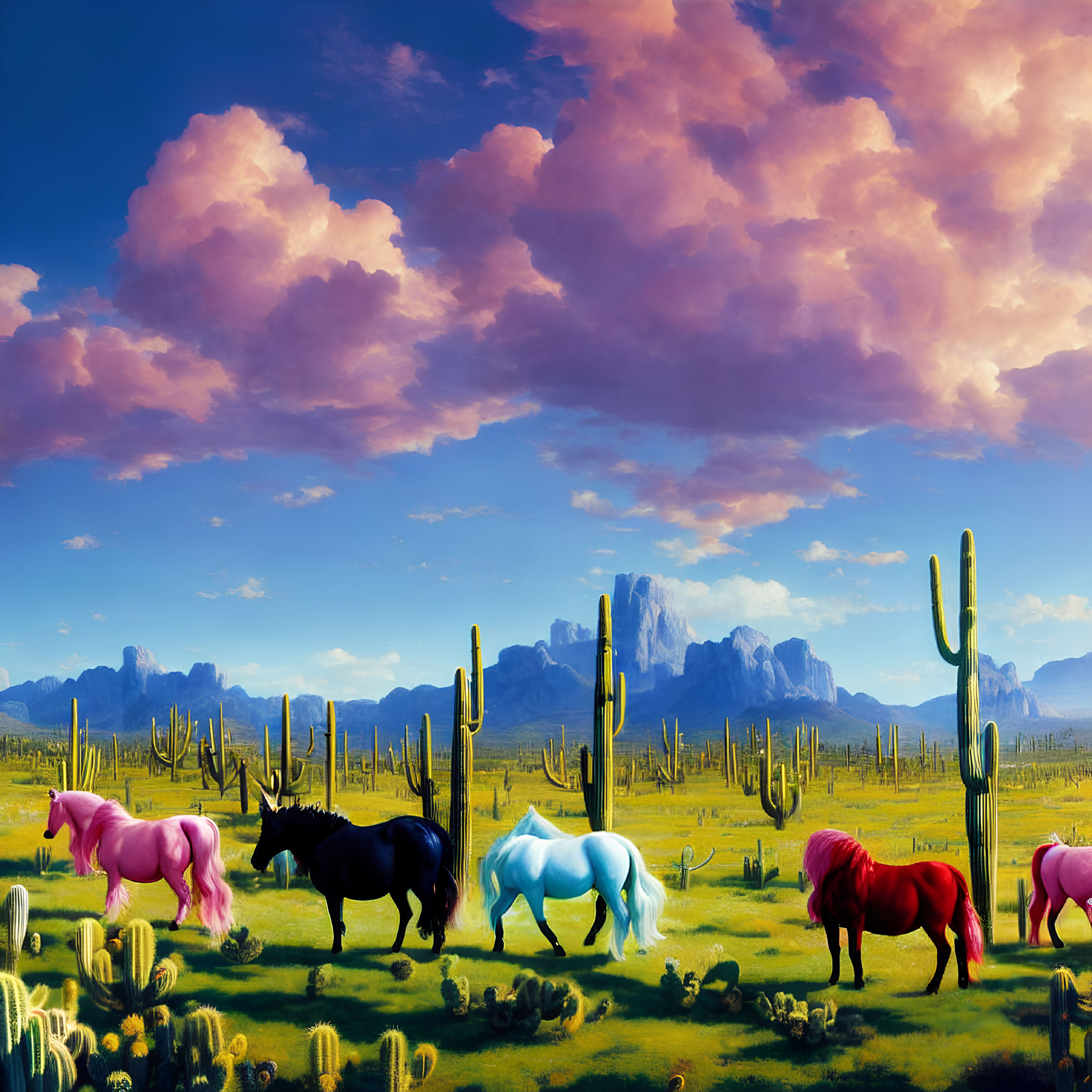 Colorful Horses Grazing Among Cacti Under Vibrant Sky